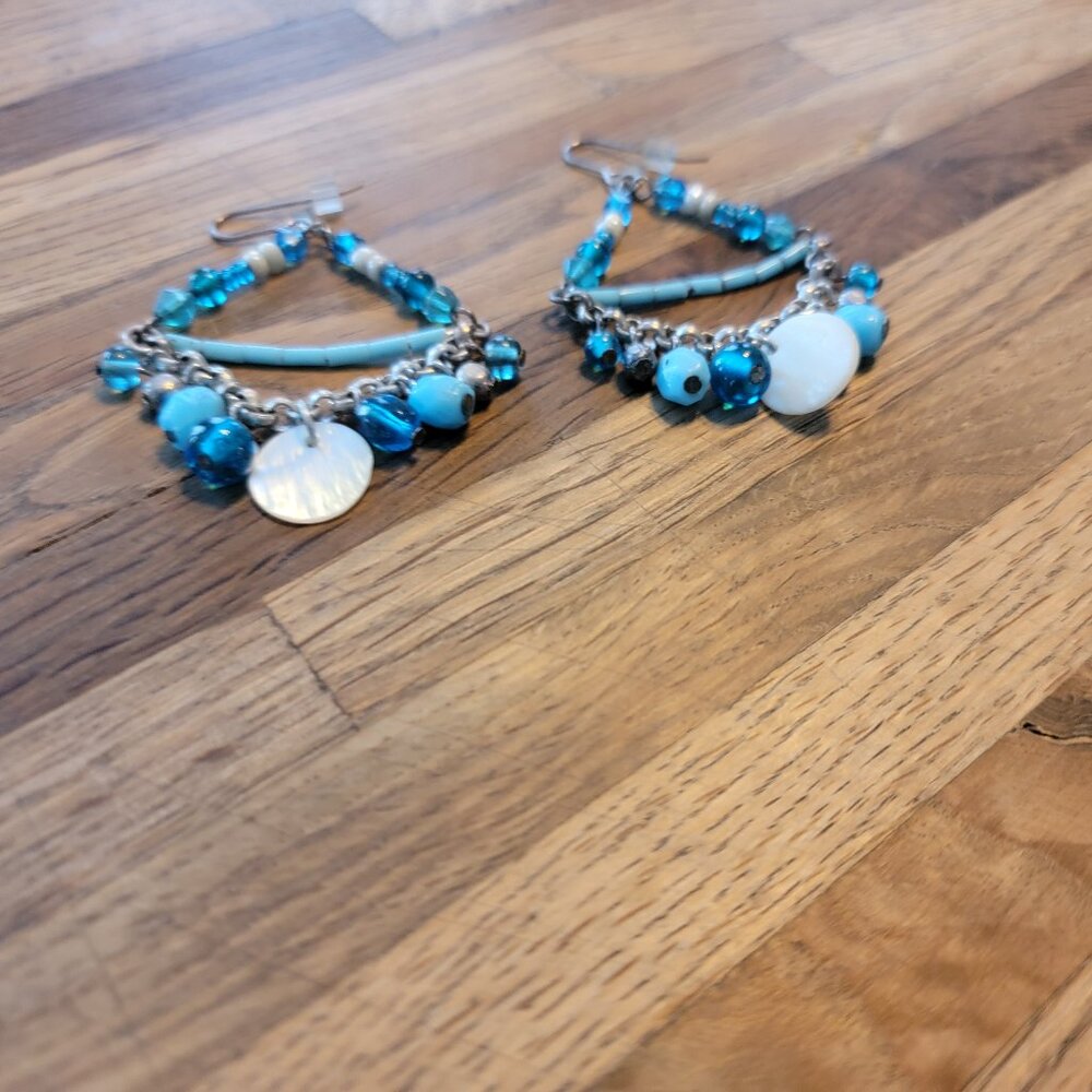 2" Trapezoid Blue Beaded Dangle Earrings - Picture 6 of 8